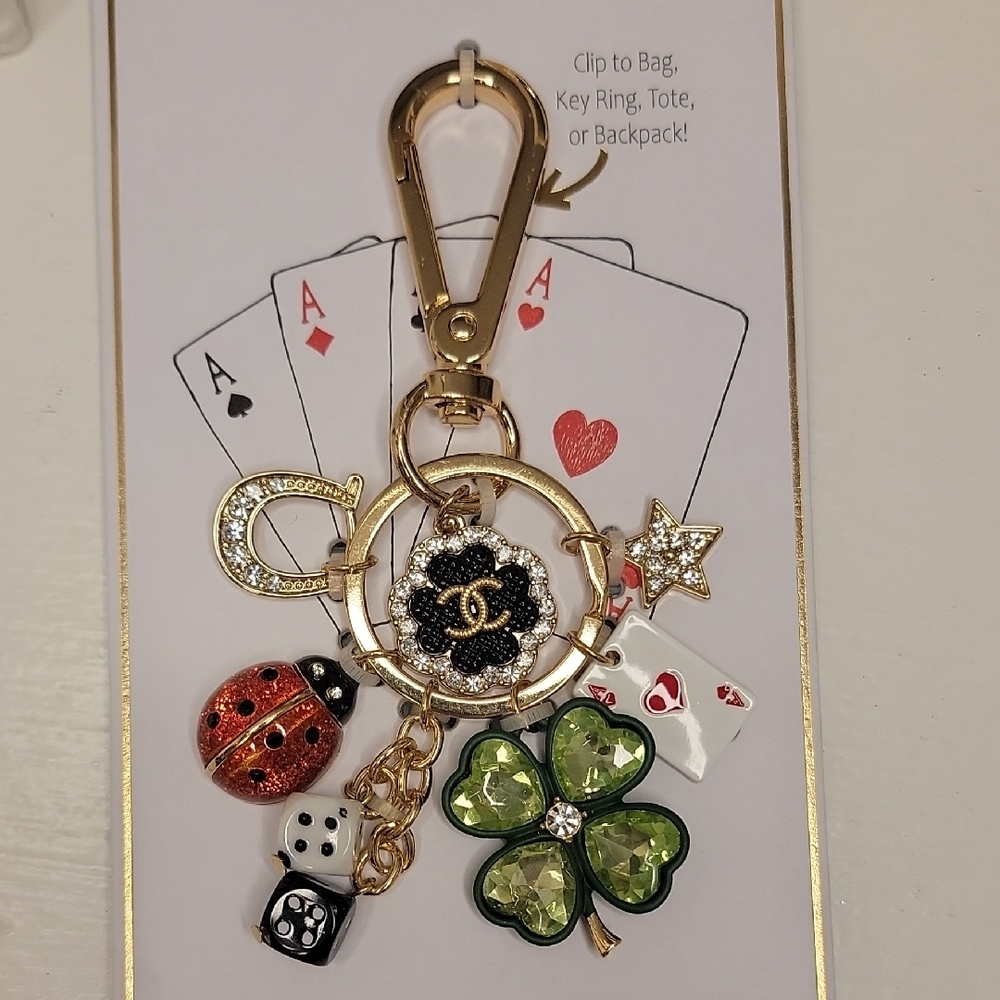Lucky Charms Bag Charm Clover Horseshoe Dice Ladybug Ace of Hearts Star Gold - Picture 4 of 6